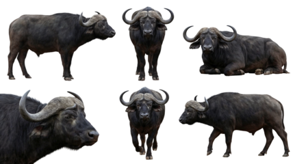 Set of an african buffalo in different poses, standing, lying, walking isolated on a transparent background