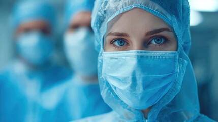 Medical professionals in blue scrubs and masks preparing for a surgical operation with determination.