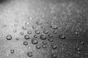 Close-up of water drops on a shimmering surface. 