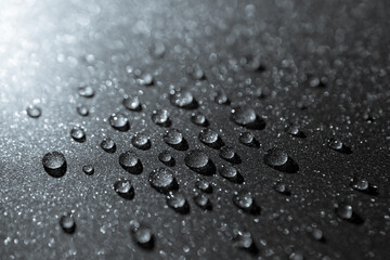 Close-up of water drops on a shimmering surface. 