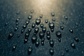 Close-up of water drops on a shimmering surface. 