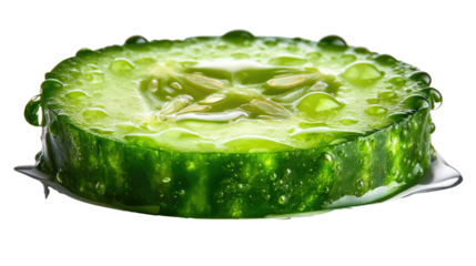 Fresh Cucumber Slice: A close-up view of a refreshing cucumber slice glistening with droplets of water, showcasing its vibrant green color and fresh, crisp texture. 