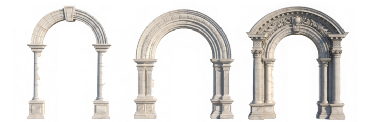 Set of vintage marble arches isolated on transparent background PNG 
