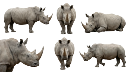 Collection of a white rhinoceros in different poses, standing, sitting, lying, walking isolated on a transparent background