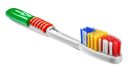 Vibrant Toothbrush: A close-up shot of a colorful toothbrush, showcasing its bristles in a spectrum of hues, ready for oral hygiene.