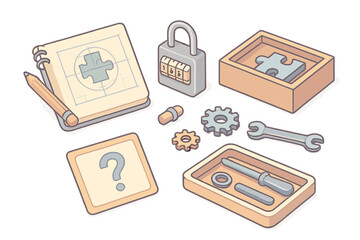 Puzzle Maker Workstation. Isometric vector illustration set of puzzle maker workstation: blueprint sketchpad, interactive lock,