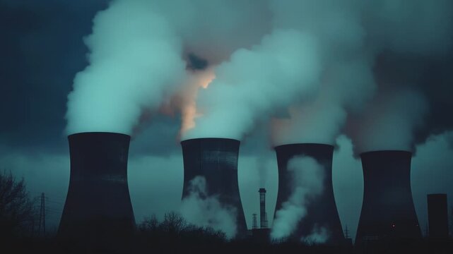 Video Industrial power plant smokestacks emitting pollutants into the air, with potential uses in environmental and industrial contexts