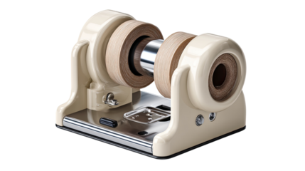 Industrial Paper Cutting Machine: A close-up shot of a vintage industrial paper cutting machine, showcasing its intricate mechanisms, cylindrical paper rolls, and the metal components.