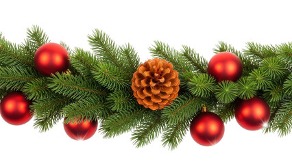 Christmas Garland with Red Ornaments and Pinecone on Black Background evergreen