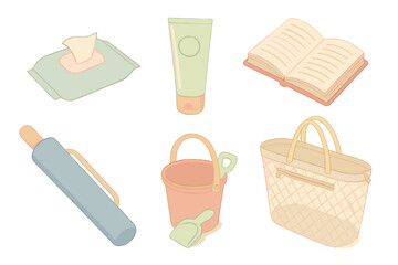 Beach Day Essentials. Isometric vector illustration set Beach day essentials packing list: pack of wet wipes, cooling aloe gel
