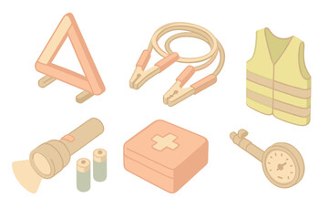 Car Emergency Kit Essentials. Isometric vector illustration set Basic car emergency kit contents: reflective safety triangle,