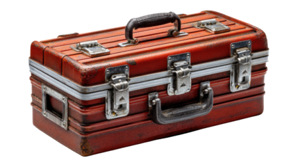 Vintage Red Suitcase: A timeless red suitcase stands as a testament to journeys, evoking a sense of wanderlust and classic style. The metal accents and sturdy handle suggest a bygone era of travel.