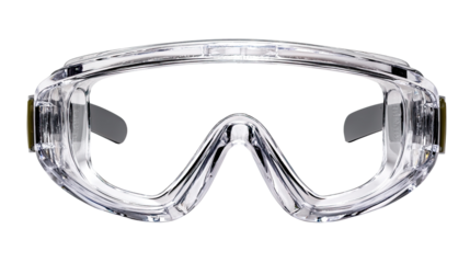 Protective Goggles: A close-up shot of clear protective goggles, designed to shield eyes from potential hazards.