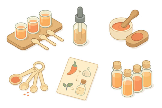 Artisanal Hot Sauce Tools. Isometric vector illustration set Small batch hot sauce recipe development: taste-test flight board,