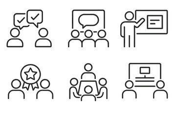 Peer Learning Icons. Line style icons of peer-to-peer learning in CBE: peer feedback exchange, group discussion board, student