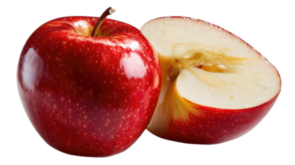 Vibrant Red Apple: A close-up shot of a luscious, ripe red apple, sliced to reveal its crisp, juicy interior, showcasing nature's perfect creation.