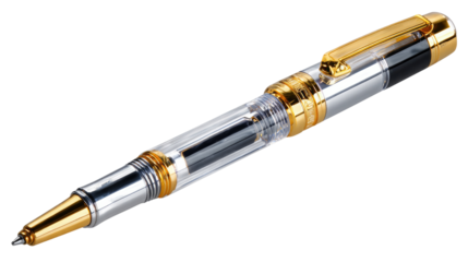 Exquisite Writing Tool: A sleek, transparent pen with luxurious gold accents, designed for refined expression and precision.