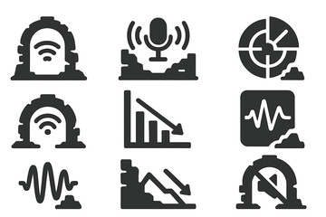 Sound Mapping Icons. Solid style icons of sound mapping inside ruins: echo wave glyph, mic scan icon, sonar badge. Reverb ring,