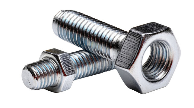 Bolts and Nut: Two shiny bolts and a nut, arranged for a product shot, gleam against the backdrop, symbolizing industrial strength and precision engineering. - Powered by Adobe
