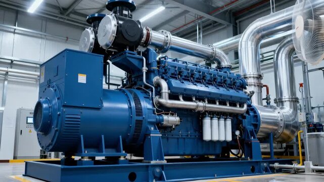 Medium shot of a generator powered by waste heat recovery its components humming quietly as energy is efficiently transformed in a hightech facility