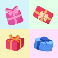 Colorful gift boxes with ribbons on pastel background for celebration