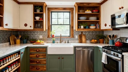 Creative kitchen design showcasing a Ushaped workspace with builtin storage solutions and personalized finishes for efficient cooking flow.