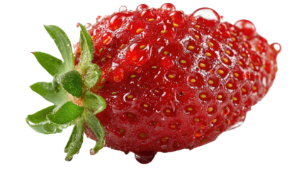 Red Delight: a close-up image of a vibrant, ripe strawberry, glistening with tiny water droplets, evokes the fresh sweetness of summer, capturing a feeling of pure delight.