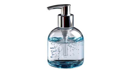 Hand Sanitizer Dispenser: A clear, glass hand sanitizer dispenser with a silver pump is filled with a refreshing gel. It embodies cleanliness and hygiene, and conveys health consciousness.