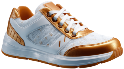 Golden Accent Running Shoe: A sleek running shoe, boasting a stylish fusion of white and gold, symbolizing both elegance and athletic performance.