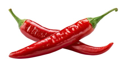 Fiery Red Chili Peppers: Two vibrant red chili peppers are crossed, showcasing their glossy skin and fresh green stems, offering a tempting glimpse into the world of culinary delights.