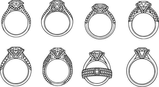 diamond studded engagement rings vector set, wedding ring symbolizing love and commitment. Variety of designs, from classic solitaires to intricate patterns