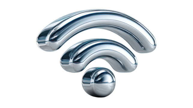 Wireless Connectivity Icon: A sleek, metallic Wi-Fi symbol, radiating a sense of technological sophistication and seamless communication, representing access and connection. - Powered by Adobe