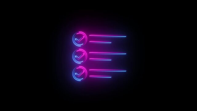 Glowing neon File document icon isolated on black background. Neon line glow Tasks check, checklist icon .