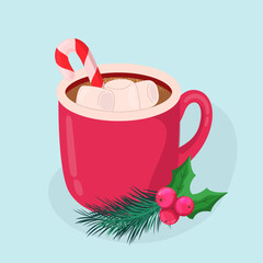 Hot chocolate in red mug with marshmallows and candy cane decoration