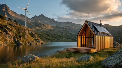 A cozy wooden cabin stands by a tranquil lake framed by stunning mountain peaks during golden hour.
