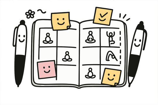 Colorful Planner Doodles. Playful doodle vector of planner notebook with smiling pens, sticky notes, and yoga icons marking weekly