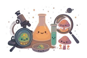 Interstellar Biology Hub. Cute interstellar biology hub with smiling lab equipment, alien spores under magnifying glasses, and