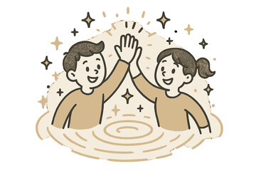 Starry High-Five Ripple. Charming doodle high-five creating a circular ripple of light and stars, joyful teamwork and positive