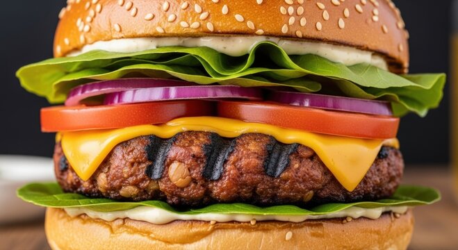 Juicy gourmet burger with fresh lettuce, tomato, onion, and melted cheese on a sesame seed bun - Powered by Adobe