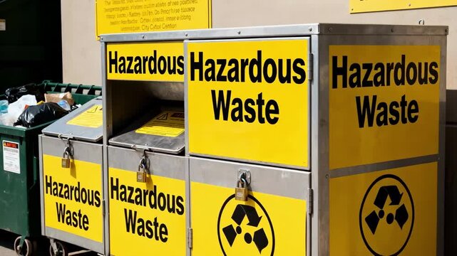 Medium shot capturing battery collection bins labeled for hazardous waste in a city recycling center with informational signage and strict compliance.