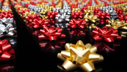Obraz premium Vibrant assortment of shiny gift bows in red gold and silver