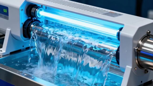 Closeup medium shot showcasing a UV water purification unit emitting ultraviolet light to effectively eliminate bacteria and viruses ensuring safe water consumption