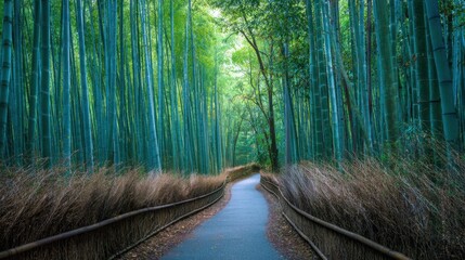 Fototapeta premium A tranquil pathway leads through tall bamboo trees creating an enchanting nature scene of calmness.