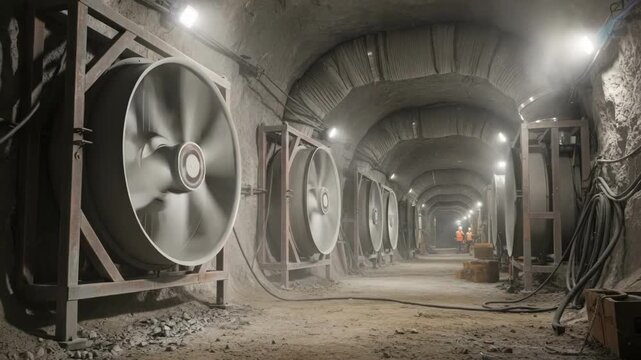 Medium shot of industrial fans spinning rapidly inside a mine tunnel ensuring efficient airflow and ventilation for worker safety and air quality control.