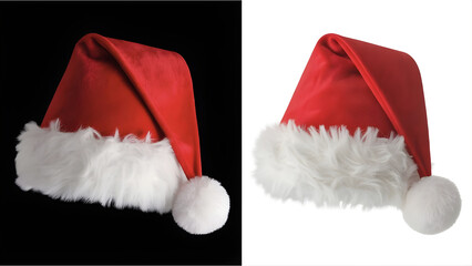 Festive santa hat showcasing winter holiday charm isolated against divided backdrop representing seasonal tradition and merry celebrations signaling coming winter