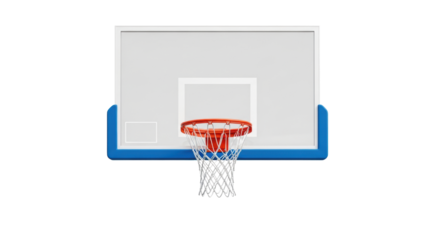 professional basketball hoop assembly with orange breakaway rim, blue padding, and glass backboard, isolated against a transparent studio background with copy space. iconic sports achievement