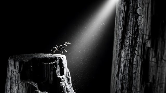 Inspirational macro shot captures tiny ant standing bravely at the edge of a dark cliff illuminated by a single dramatic spotlight,Generated Image