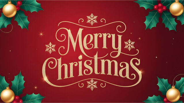 Greeting of merry christmas card with holly berries and decoration golden balls ornate text happy holiday celebration season background image is festive - Powered by Adobe