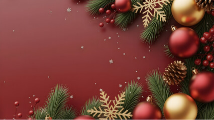 Christmas ornaments red and golden decorations on red backdrop with pine branches and pine cones winter holiday season greeting template copy space for happy new year