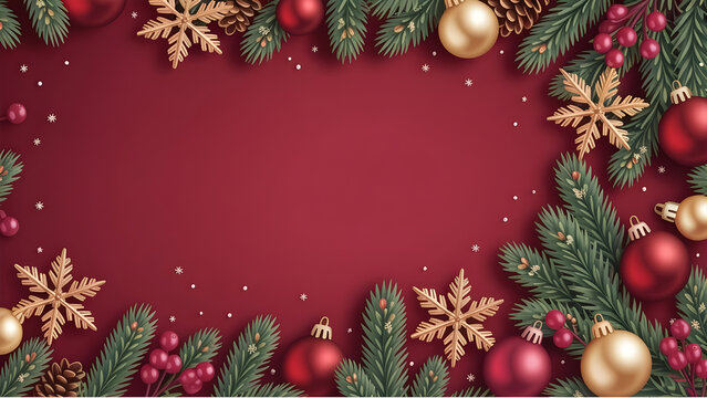 Festive christmas frame with golden snowflakes ornaments and red baubles decorations on red background holiday celebration season greeting card design for happy new year 2024